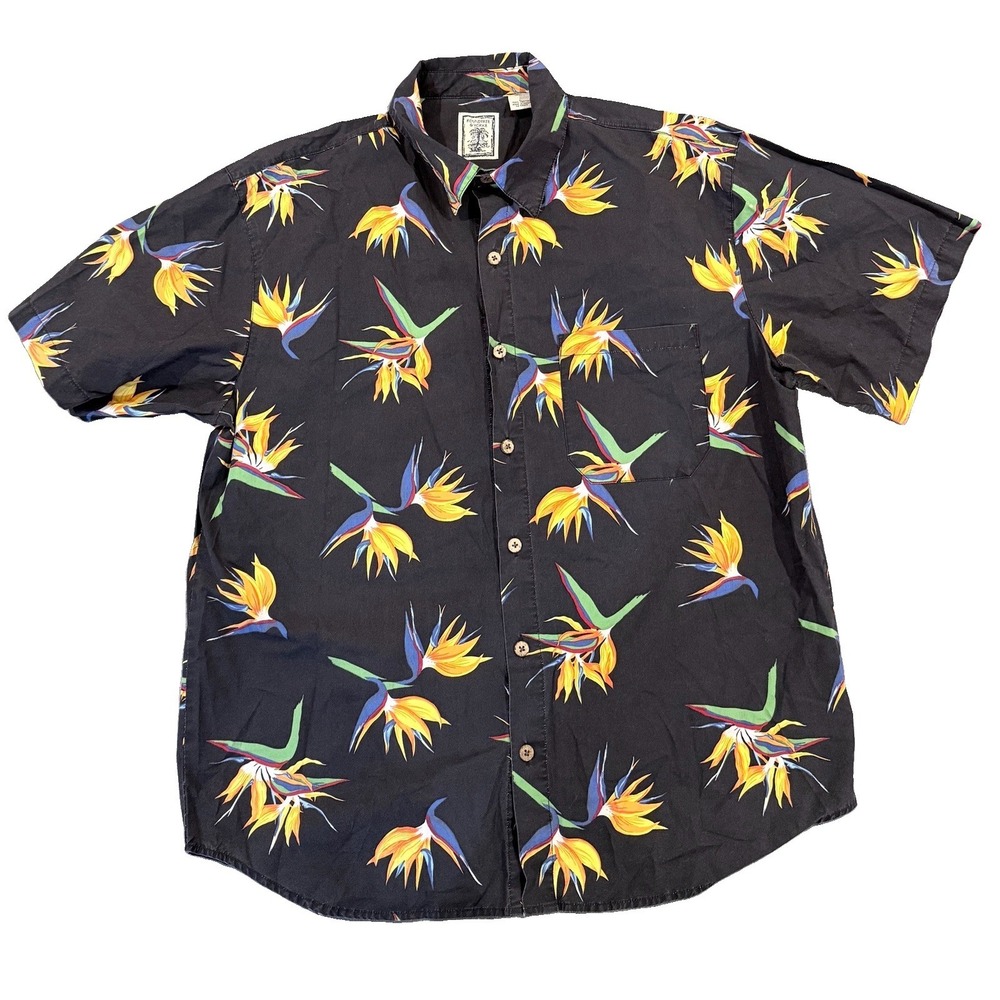 ROUNDTREE & YORKE Mens Large Black Bird Of Paradise Floral Hawaiian Shirt Cotton
